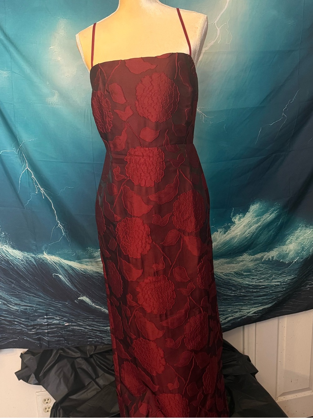 RIHOAS Burgundy Floral Jacquard Maxi Dress